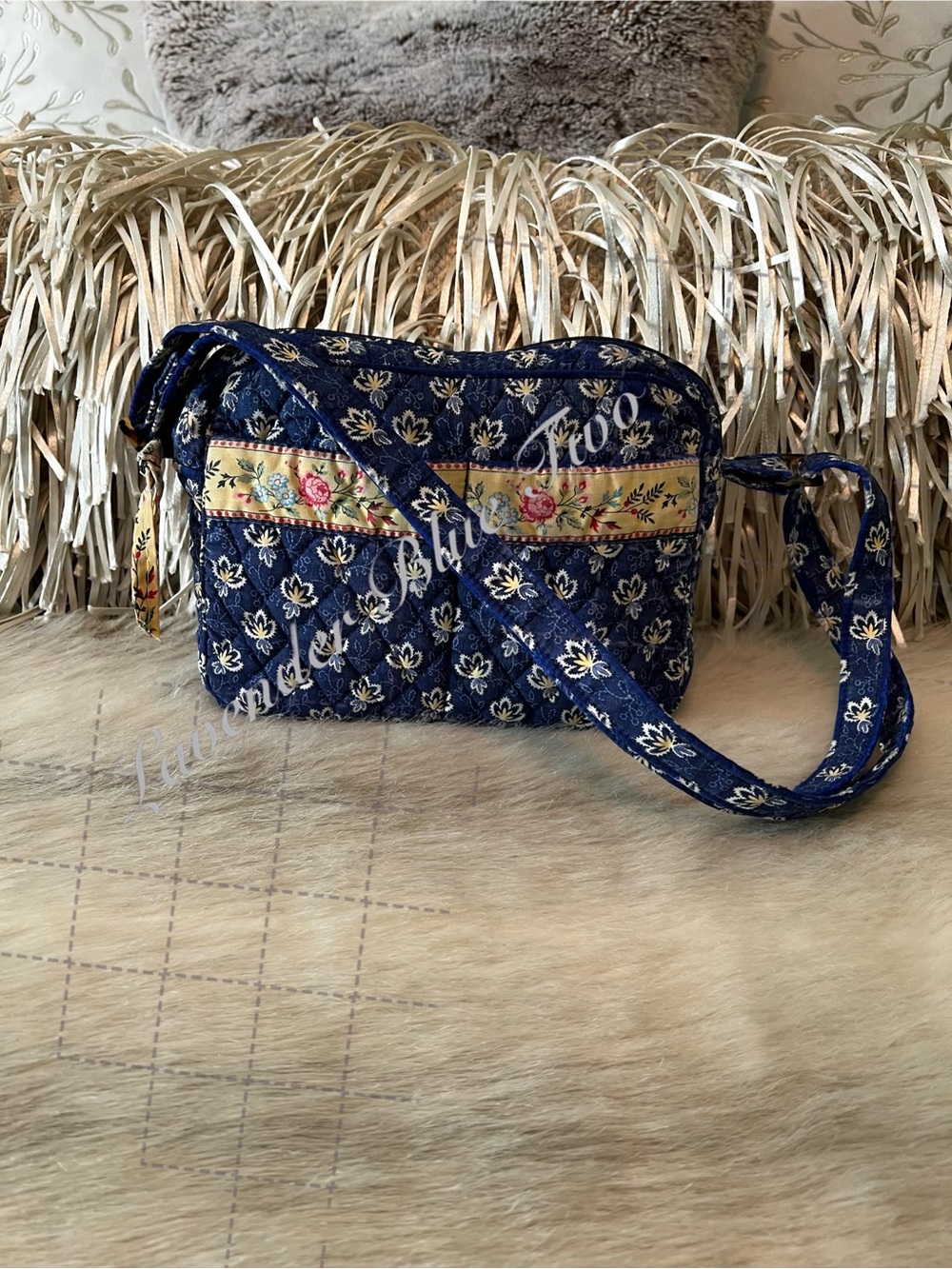 Vintage VERA BRADLEY Maison Blue 2002 Square Shoulder Bag Blue Yelow Y2K Quilted